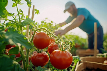 Sunlit landscape with tomato plants and green fields, perfect for farm blogs, agricultural posters