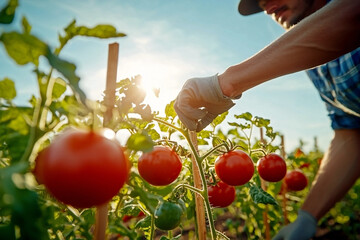Sunlit landscape with tomato plants and green fields, perfect for farm blogs, agricultural posters