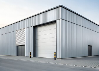 Industrial Minimalism A contemporary warehouse with a sleek, corrugated metal facade and a single, large garage door.