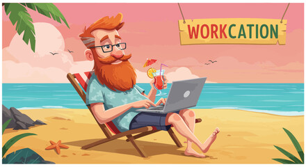 A cartoon man is on a workcation relaxing and working on the beach