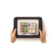 Hands holding a digital tablet displaying colorful content silhouette