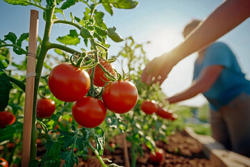 Sunlit landscape with tomato plants and green fields, perfect for farm blogs, agricultural posters