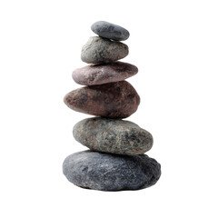 A balanced stack of seven smooth weathered river stones carefully piled on top of each other isolated on transparent background