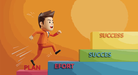 Cartoon Businessman Ascending Colorful Steps Labeled Plan Effort and Success towards Achievement