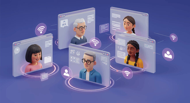 Diverse group of people virtually connected through technology platform illustration