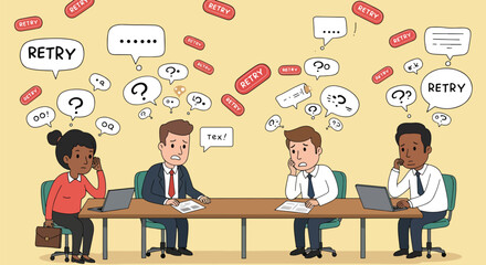 Frustrated coworkers at a meeting facing technical difficulties and error messages