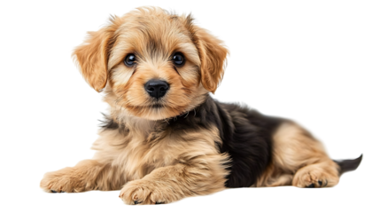 Shih tzu lying down, looking at the camera, isolated on white
