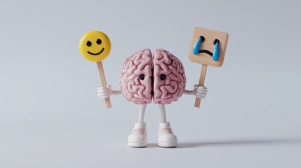 Dramatic 3D brain character holding a happy emoji sign in the left hand and a sad emoji sign in the right