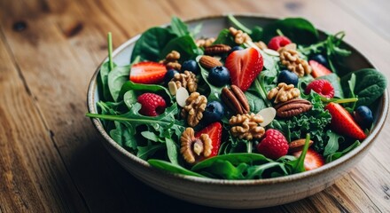 Fresh salad with spinach, berries, nuts, and almonds on a wooden table