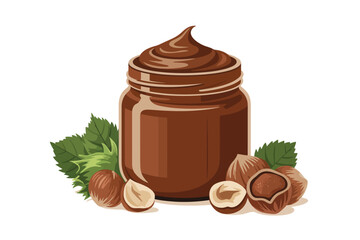 Delicious chocolate hazelnut spread in a jar with fresh hazelnuts and leaves