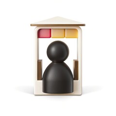 Black silhouette figure inside a small white structure