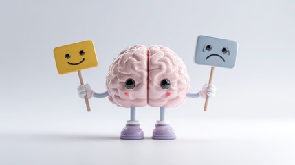 Dramatic 3D brain character holding a happy emoji sign in the left hand and a sad emoji sign in the right
