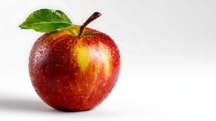 Ripe Red Delicious Apple with Green Leaf and Water Droplets on White Background