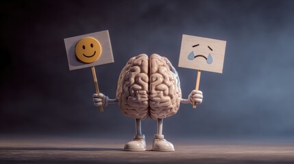 Dramatic 3D brain character holding a happy emoji sign in the left hand and a sad emoji sign in the right