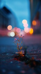 A delicate flower emerges from city pavement, illuminated by colorful bokeh lights, symbolizing resilience and beauty in urban life.