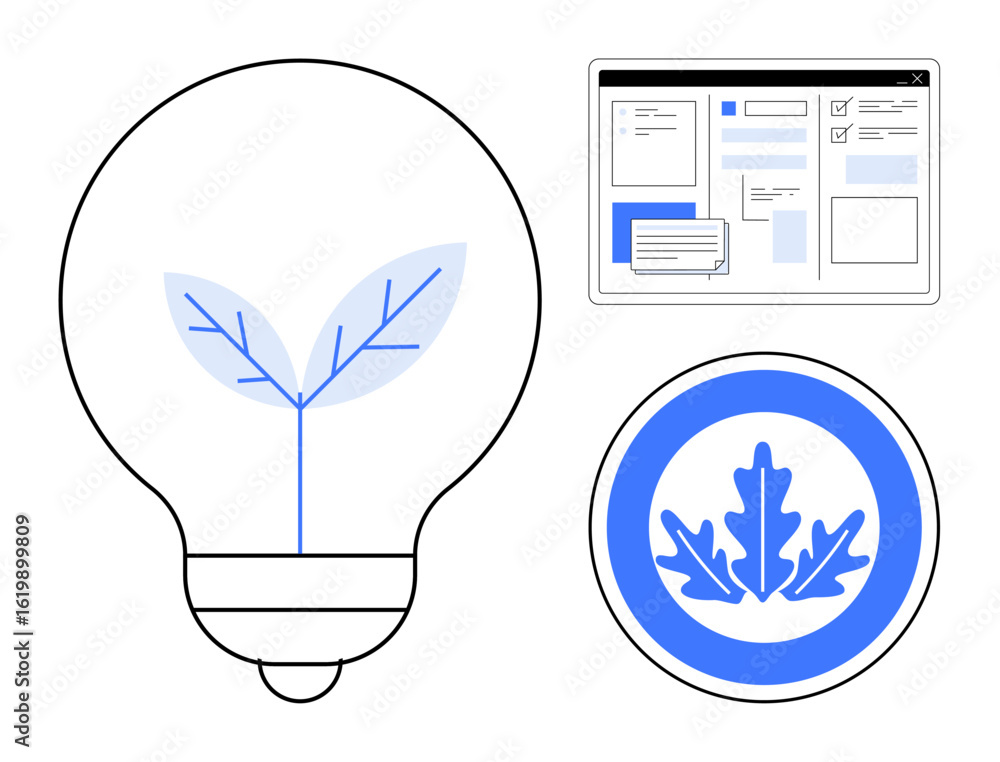 Poster light bulb featuring a leaf, circular badge with oak leaf symbol, and web interface concept. ideal f