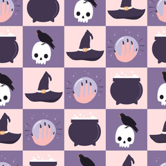 Cute hand drawn checkered cartoon halloween spooky seamless vector pattern background illustration with witch cauldron, skulls with crow, wizard hat and  hand with crystal ball