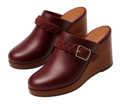 Burgundy leather sabots with braided strap and wedge heel for autumn outfits