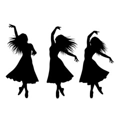 Three Silhouettes of Ballerinas in Motion Graceful Poses Flowing Hair