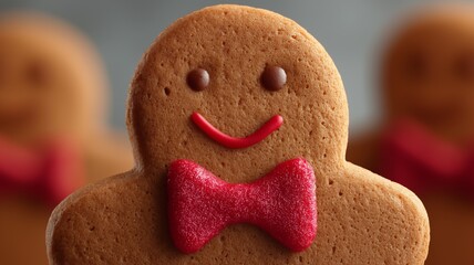 A cheerful gingerbread cookie features a red bow tie and smiles, perfect for holiday festivities.