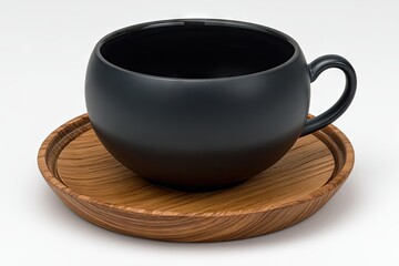 Dark black teacup on light wood saucer