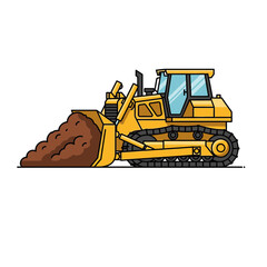 Cartoon yellow bulldozer with a full bucket of brown dirt side view