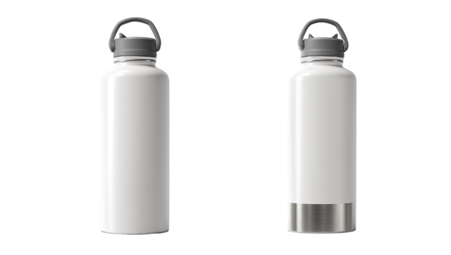 Two identical white insulated water bottles, one with a white and one with a gray/silver inner liner