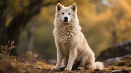 Obraz premium A white wolf sits calmly in a forested area with autumnal hues.