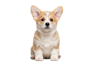 A young pembroke welsh corgi puppy with fluffy cream and white fur, alert ears, and expressive dark eyes, seated attentively with a tilted head on a pristine clean white background with copy space,