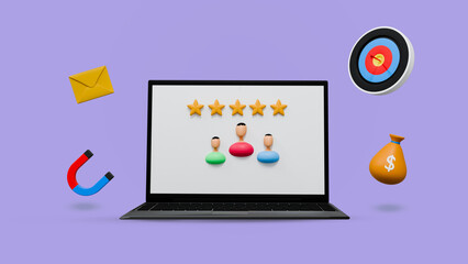 3D Illustration of Customer Rating and Marketing Strategy on Laptop Screen
