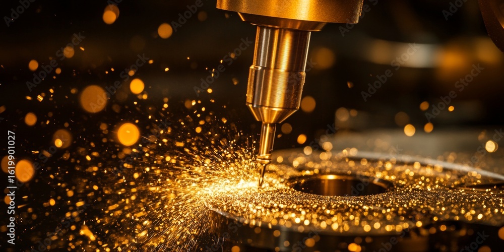 Poster high speed cnc cutter in action automated machining producing gears with metal scrap accumulation