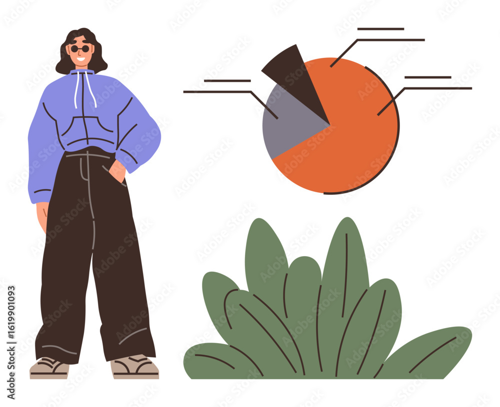 Poster woman standing confidently beside foliage and pie chart showing segmented data. ideal for analytics,