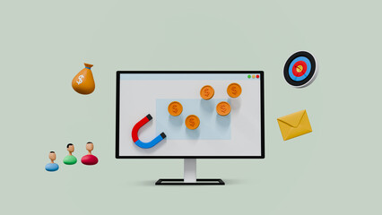 3D Illustration of Targeted Marketing and Online Lead Conversion with Magnet and Coins