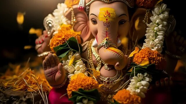 Happy ganesh chaturthi exquisite lord ganesha idol in festive garlands a celebration of hindu tradition and faith a religious ceremony