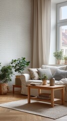 Bright and inviting living room with cozy seating, potted plants, and natural wooden furniture, perfect for relaxation and comfort.