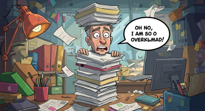 Overworked and overwhelmed cartoon character buried under a mountain of paperwork