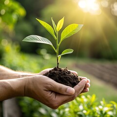 Two cupped hands gently holding a small, healthy green plant with its roots nestled in a mound of dark soil. The background is a soft, out-of-focus blur of lush greenery, bathed in the warm glow.