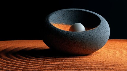 Minimalist zen composition with smooth white sphere resting on textured stone bowl surrounded by concentric orange sand patterns in low light