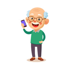 Charming old man cartoon character holding smartphone and talking and smiling