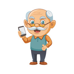 Charming old man cartoon character holding smartphone and talking and smiling