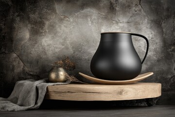 Dark, matte black pitcher on wooden stand, with gold accent and linen cloth