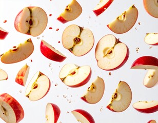 Multiple apple halves floating with scattered seeds and droplets, giving a lively, crisp feel