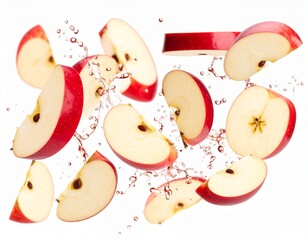 Fresh apple slices suspended in the air with sparkling water droplets for a clean, vibrant effect