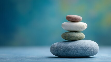 Stacked smooth stones in blue, green, white, and red hues balanced against a serene blue-teal gradient background symbolizing harmony and calm