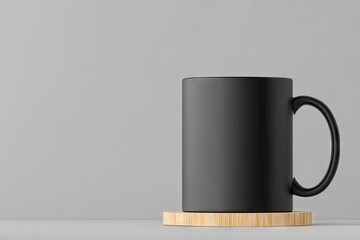 Black mug on a light wooden coaster