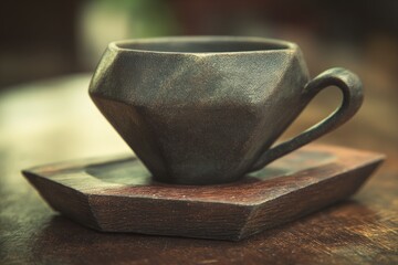 Dark-gray, diamond-shaped coffee cup on wooden saucer