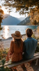 A couple sits on a bench, admiring the tranquil lake and mountain view during a beautiful sunset.