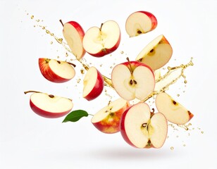 Red apples in mid-air with bright golden splashes, creating a vibrant and dynamic scene