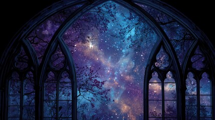 Gothic arched windows framing a vibrant Milky Way galaxy against a starry night sky with silhouetted tree branches
