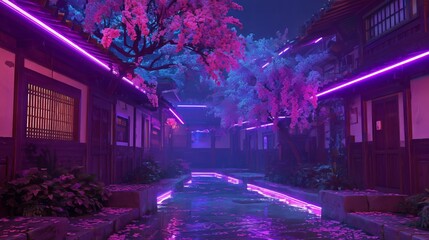 Neon-lit traditional Japanese alley at night with blooming cherry blossoms and reflective waterway creating a serene futuristic ambiance